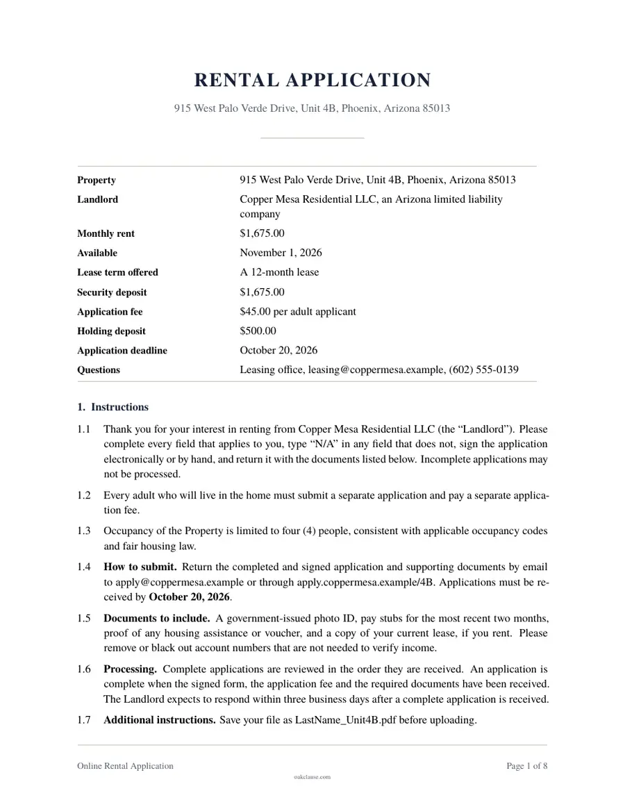 First page of a sample Online Rental Application