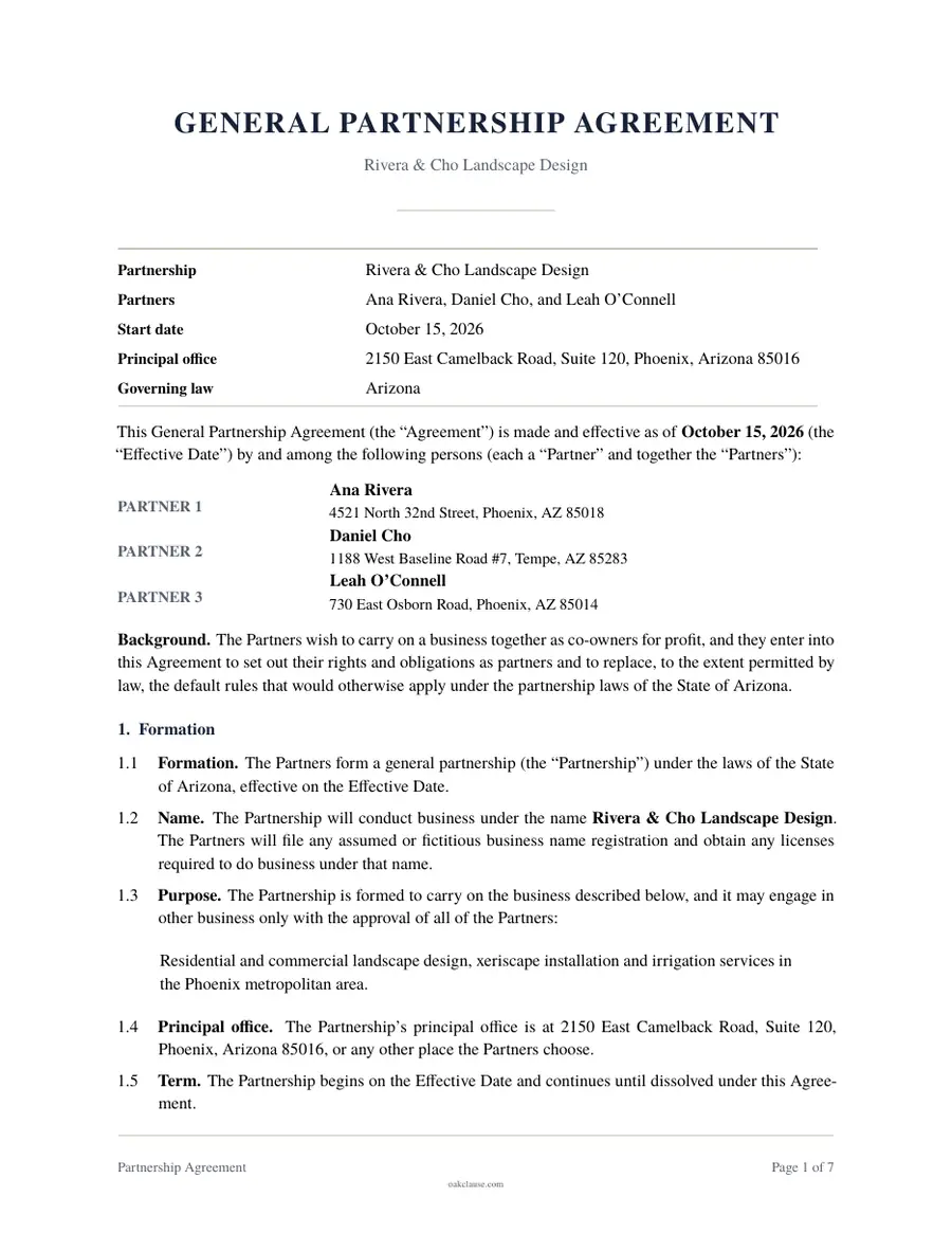 First page of a sample Partnership Agreement