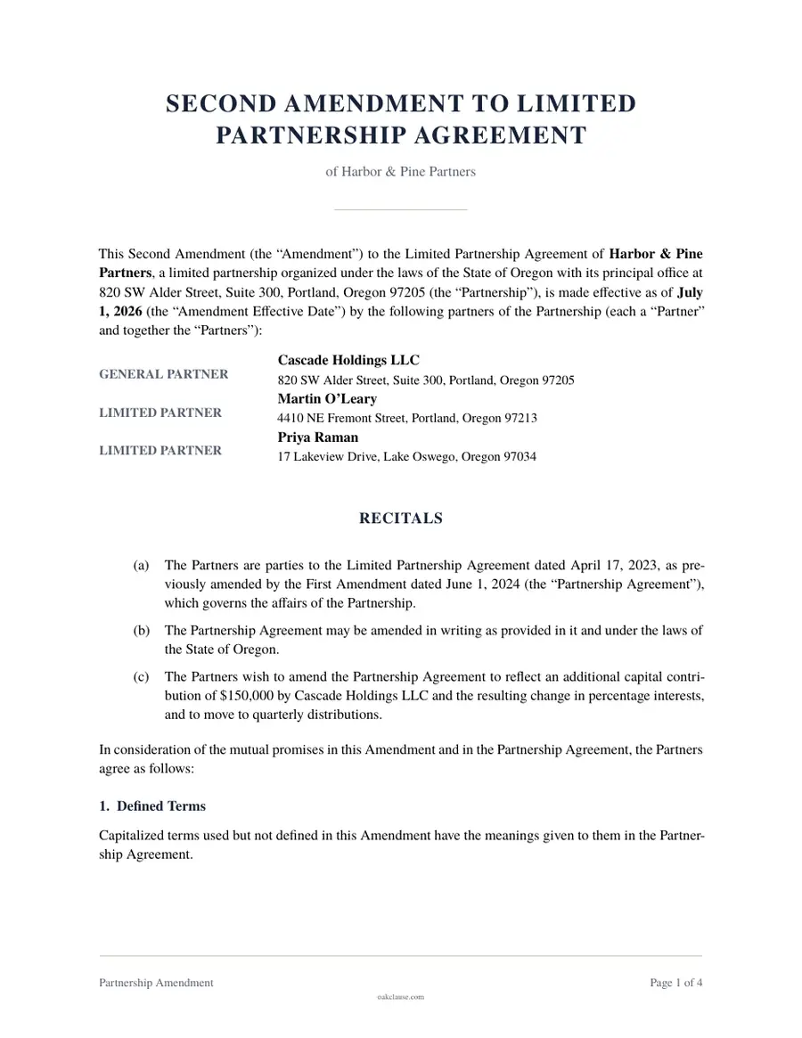 First page of a sample Partnership Amendment