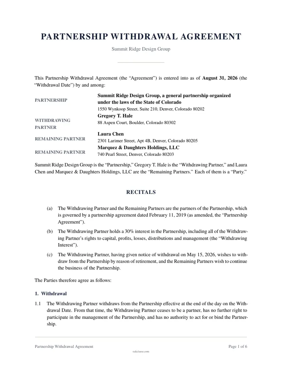 First page of a sample Partnership Withdrawal Agreement