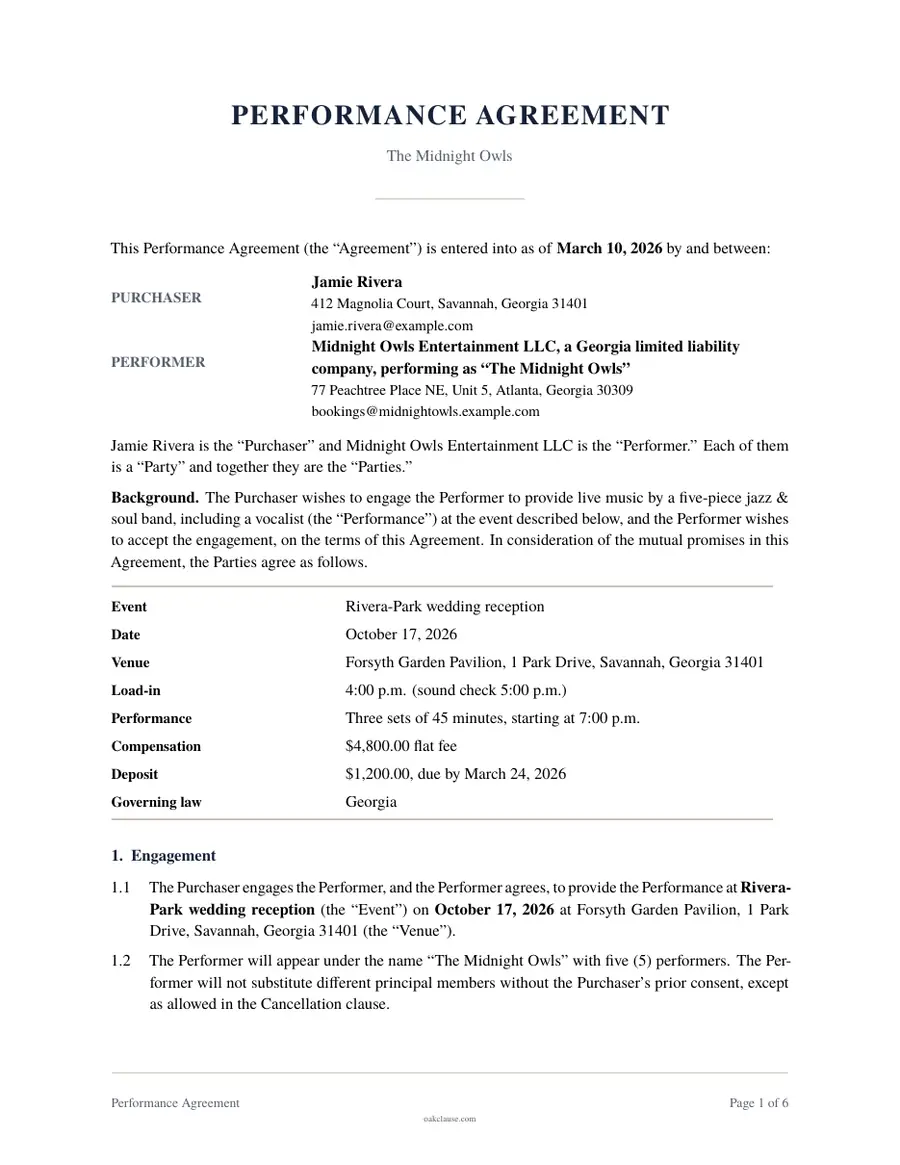 First page of a sample Performance Agreement