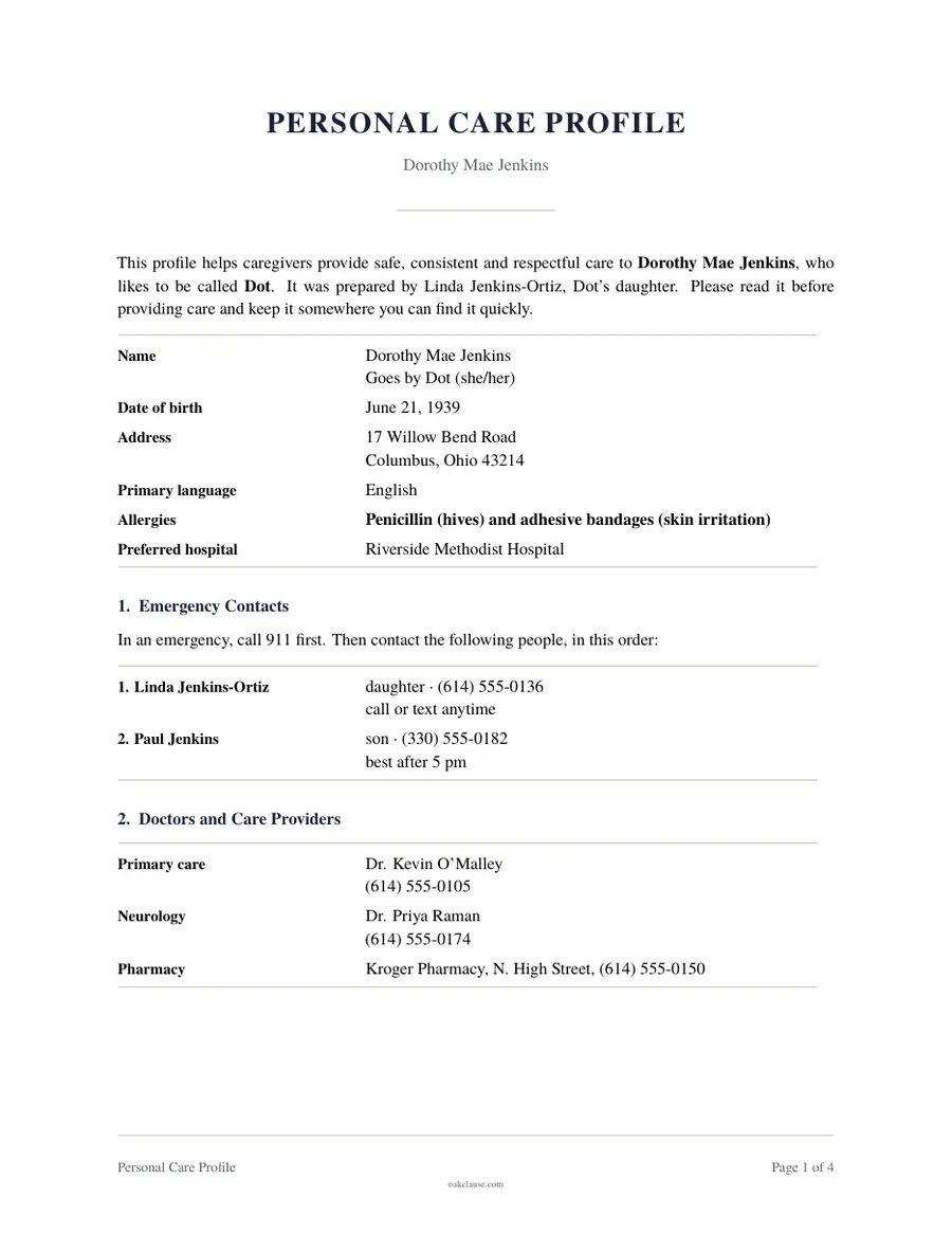First page of a sample Personal Care Profile