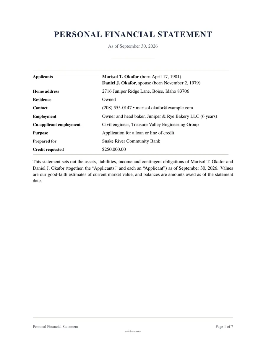 First page of a sample Personal Financial Statement