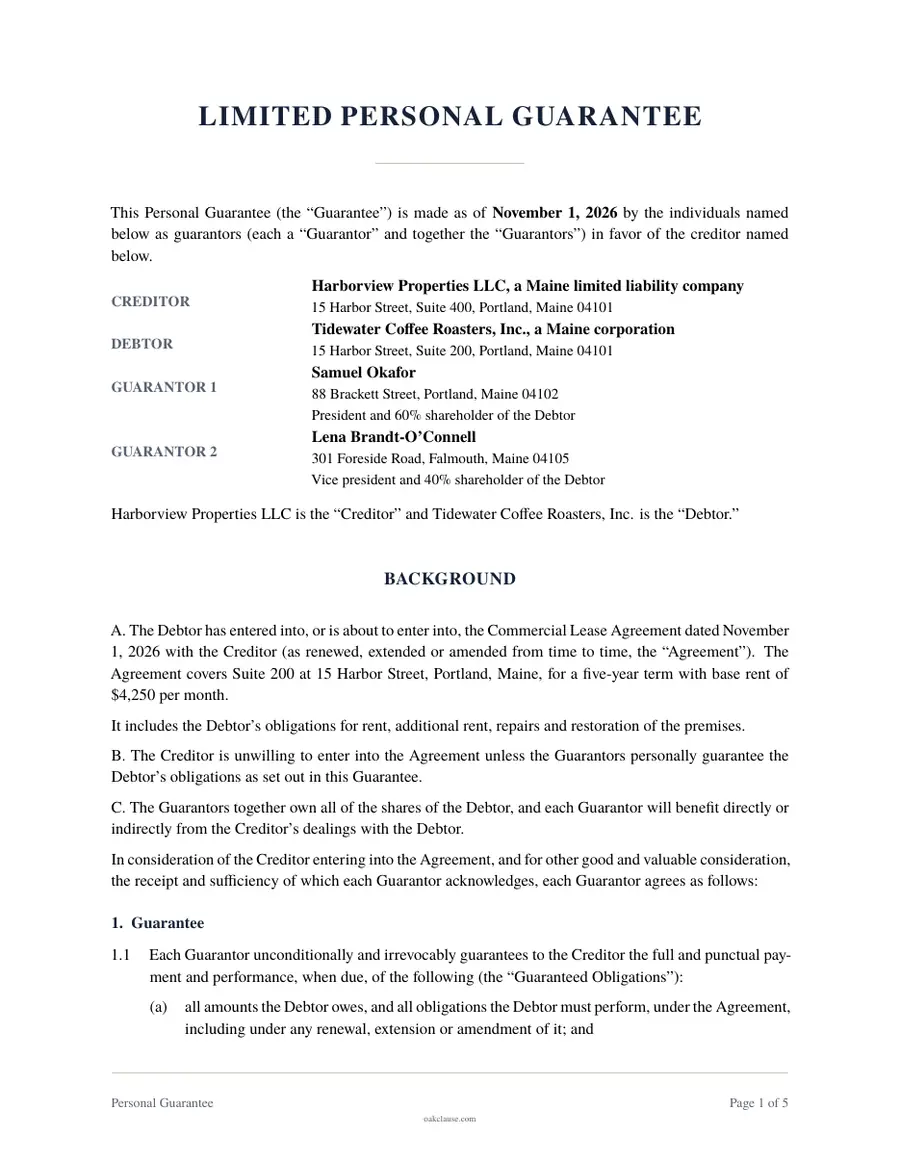 First page of a sample Personal Guarantee