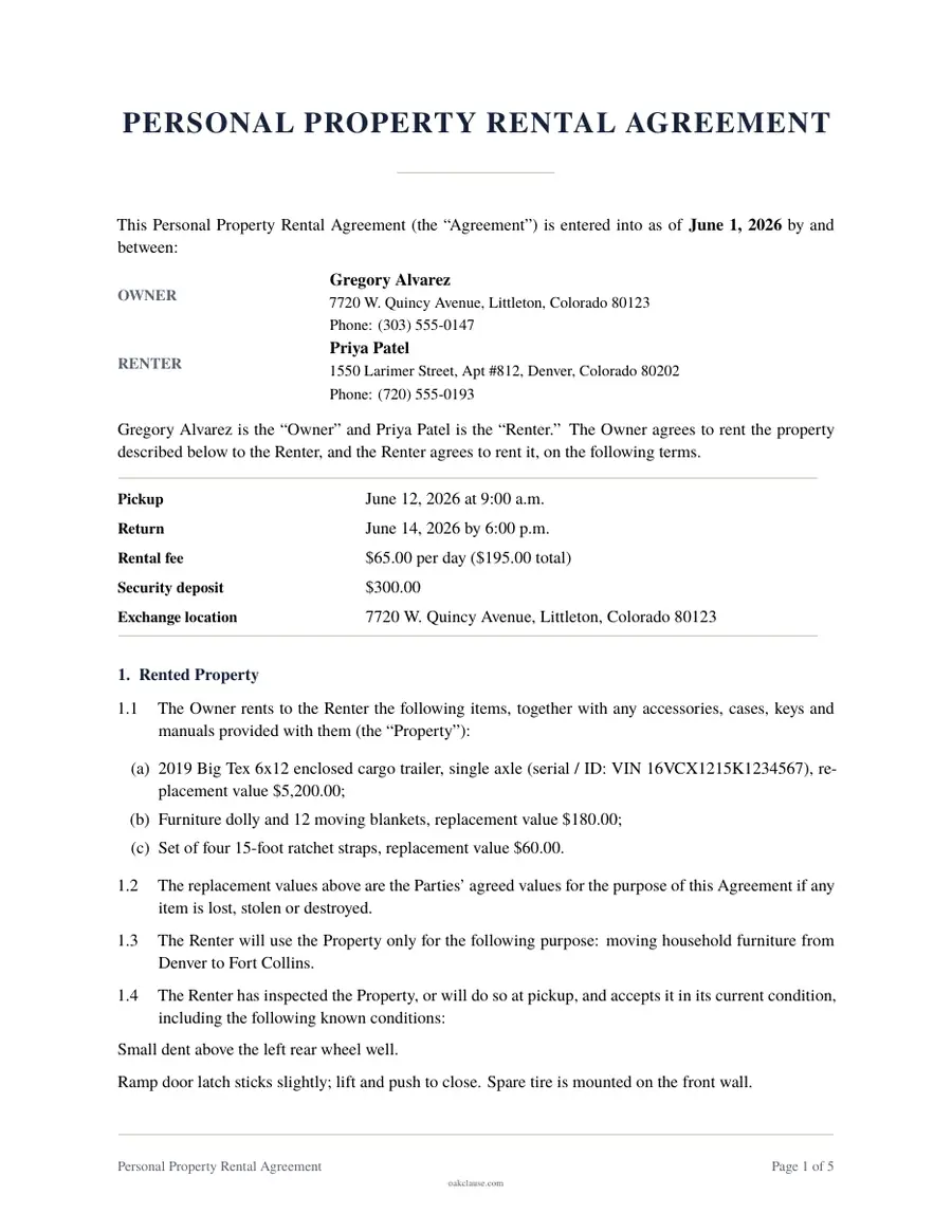 First page of a sample Personal Property Rental Agreement