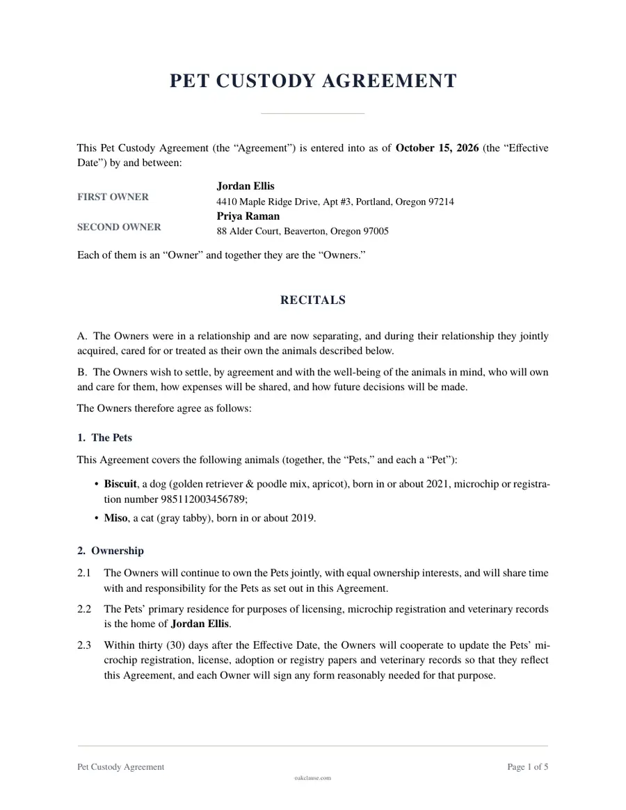 First page of a sample Pet Custody Agreement
