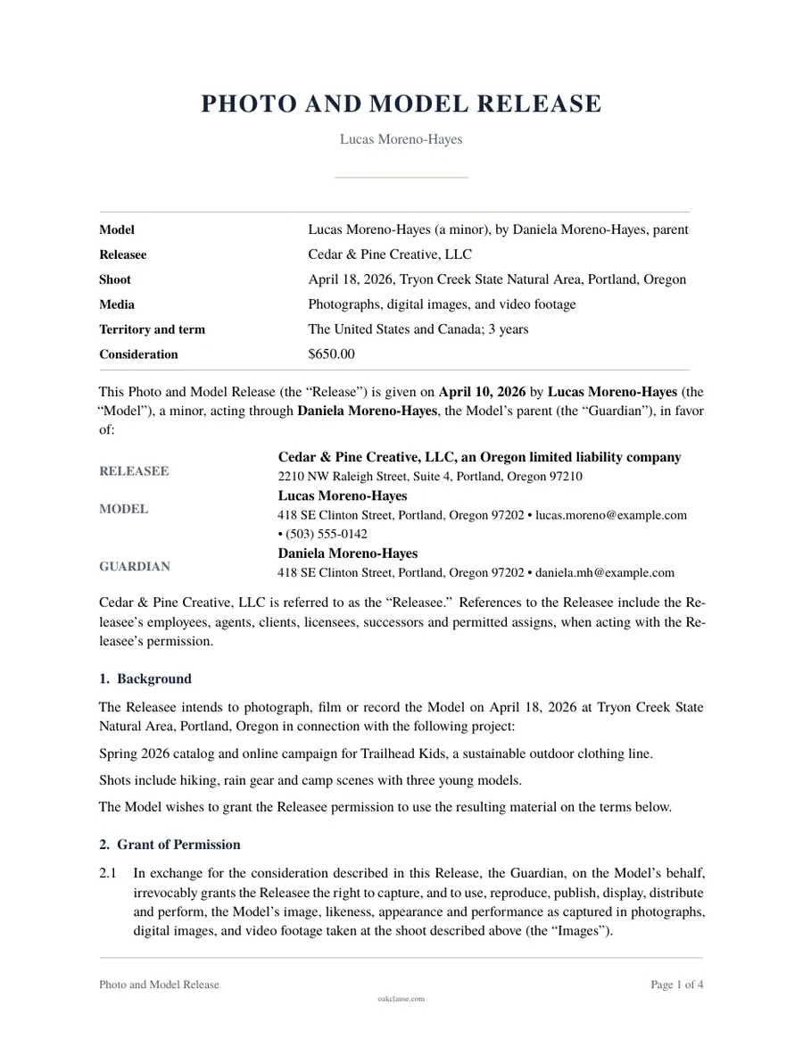 First page of a sample Photo and Model Release