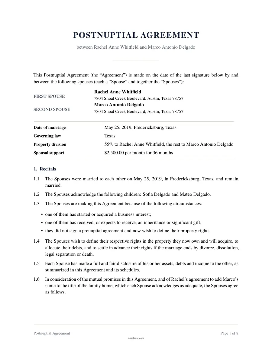 First page of a sample Postnuptial Agreement