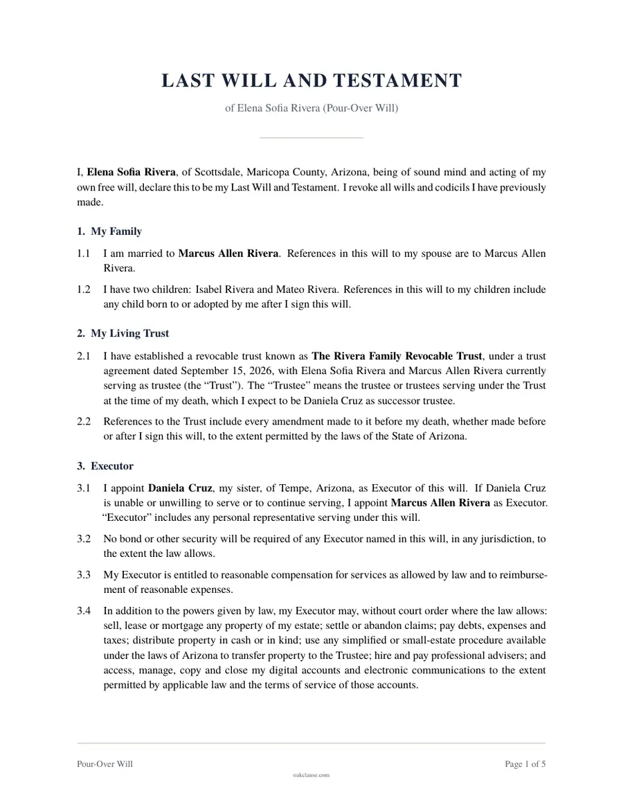 First page of a sample Pour-Over Will