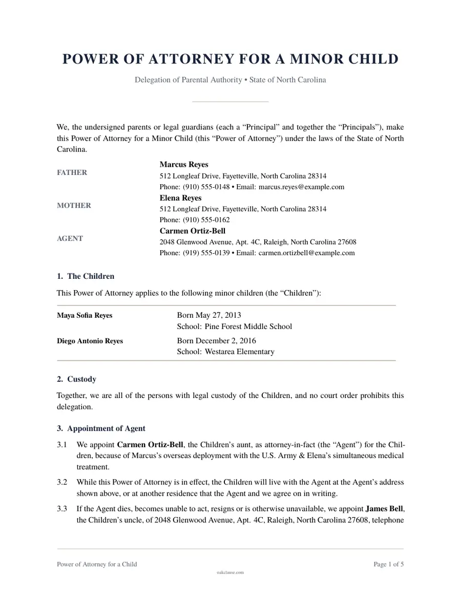 First page of a sample Power of Attorney for a Child