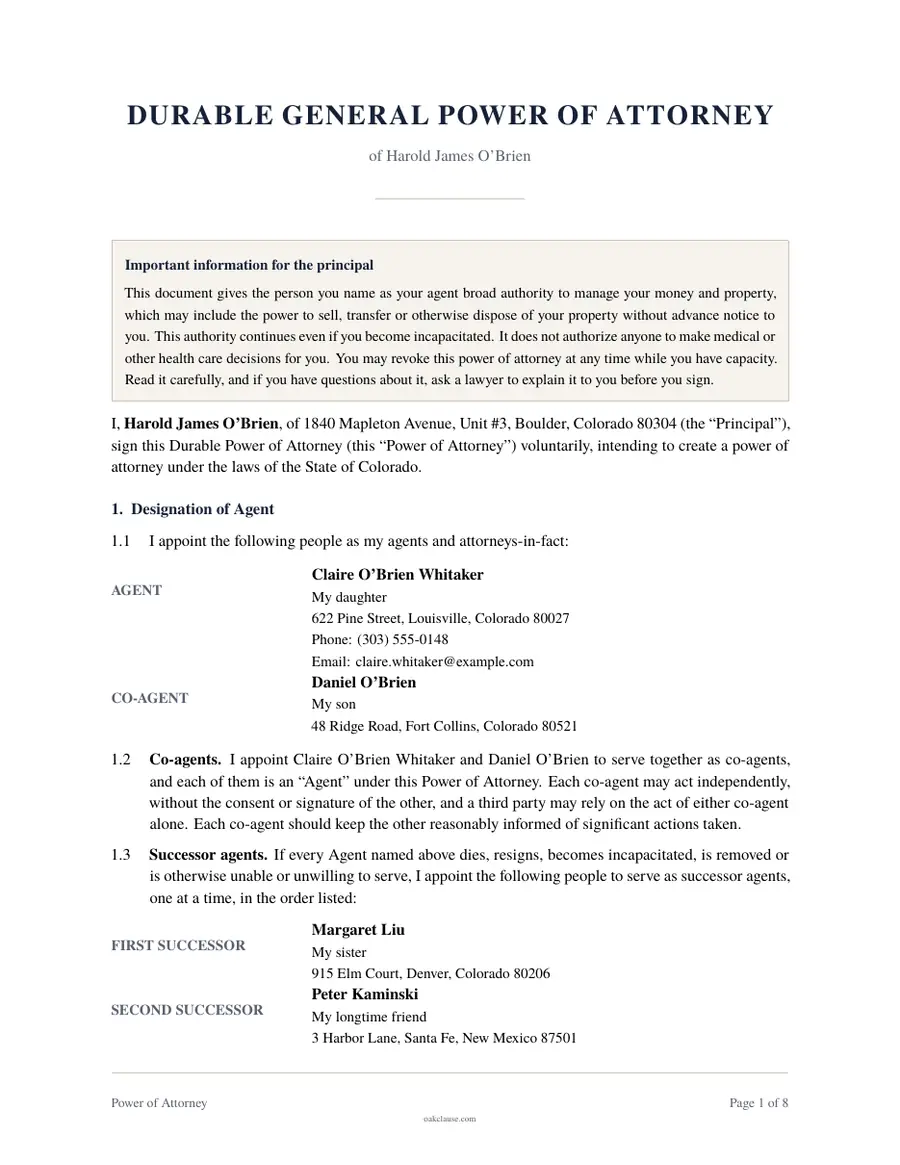First page of a sample Power of Attorney