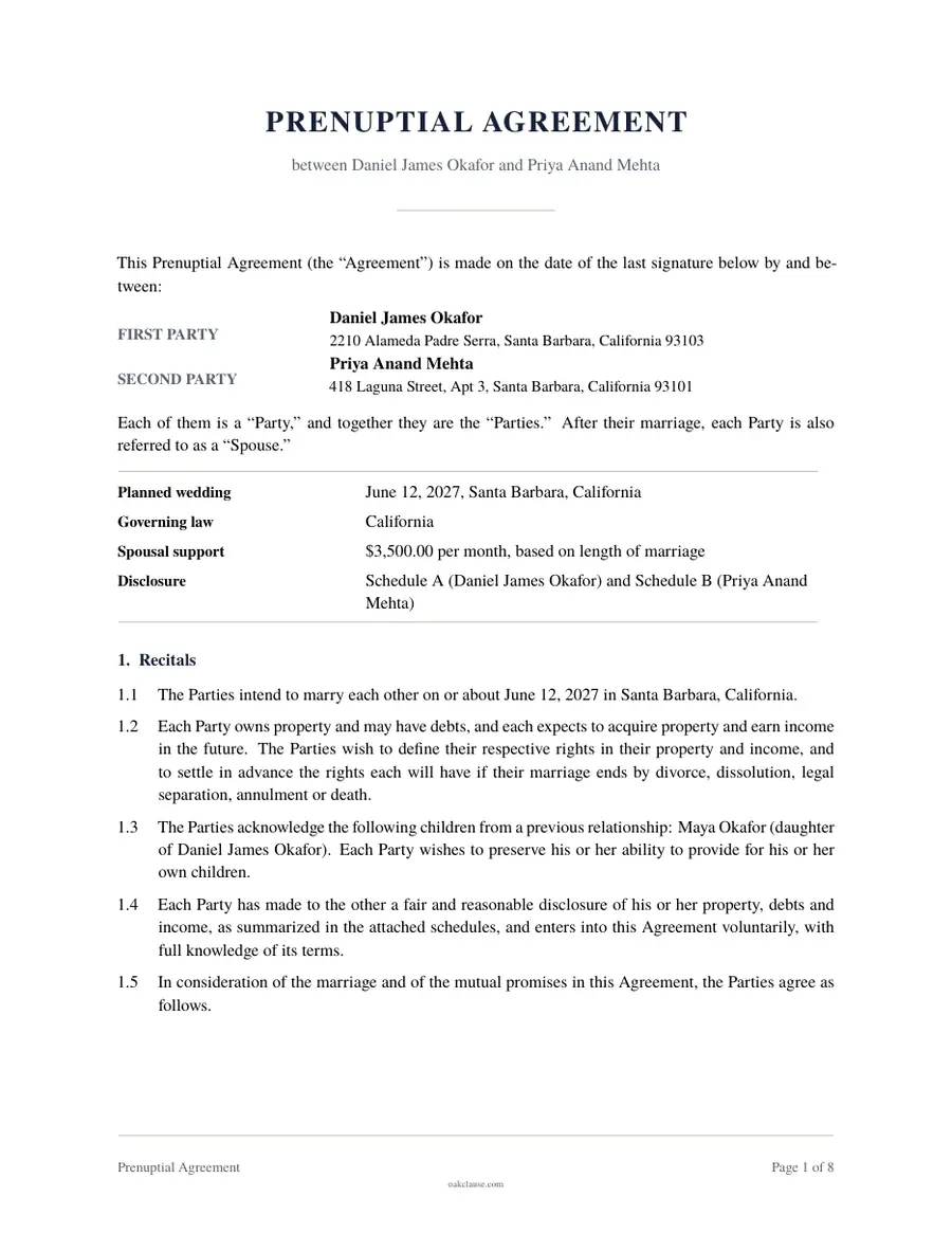 First page of a sample Prenuptial Agreement