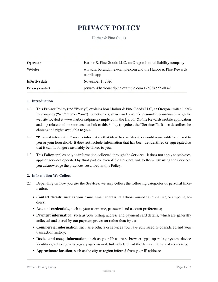 First page of a sample Website Privacy Policy