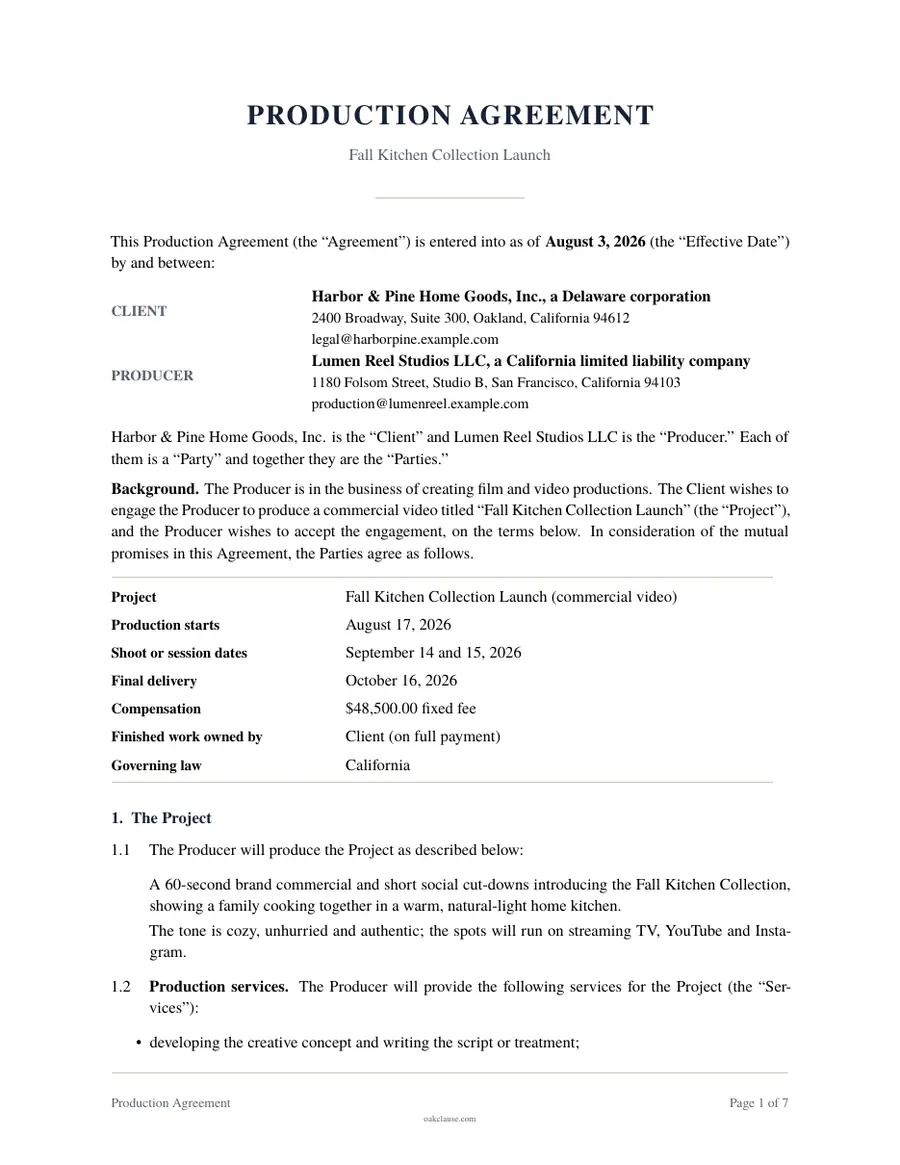 First page of a sample Production Agreement