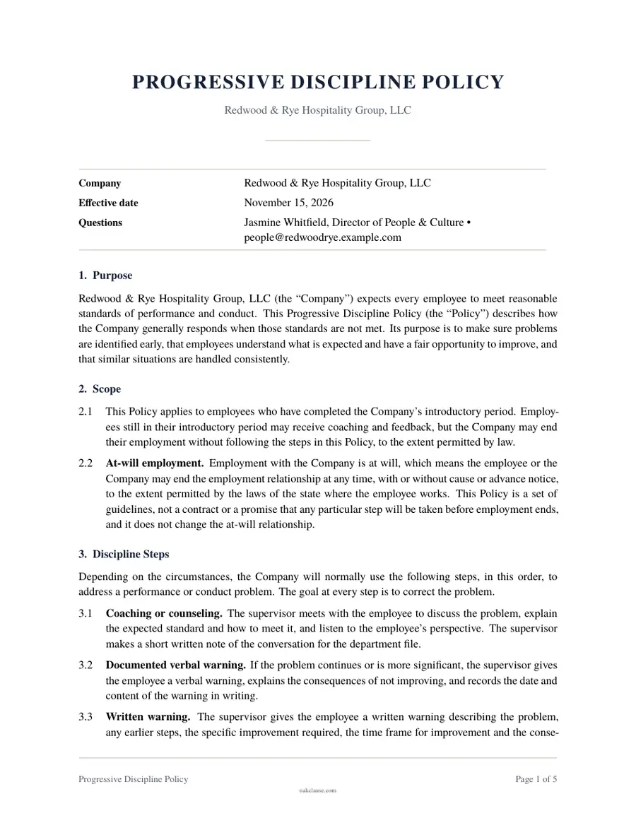 First page of a sample Progressive Discipline Policy