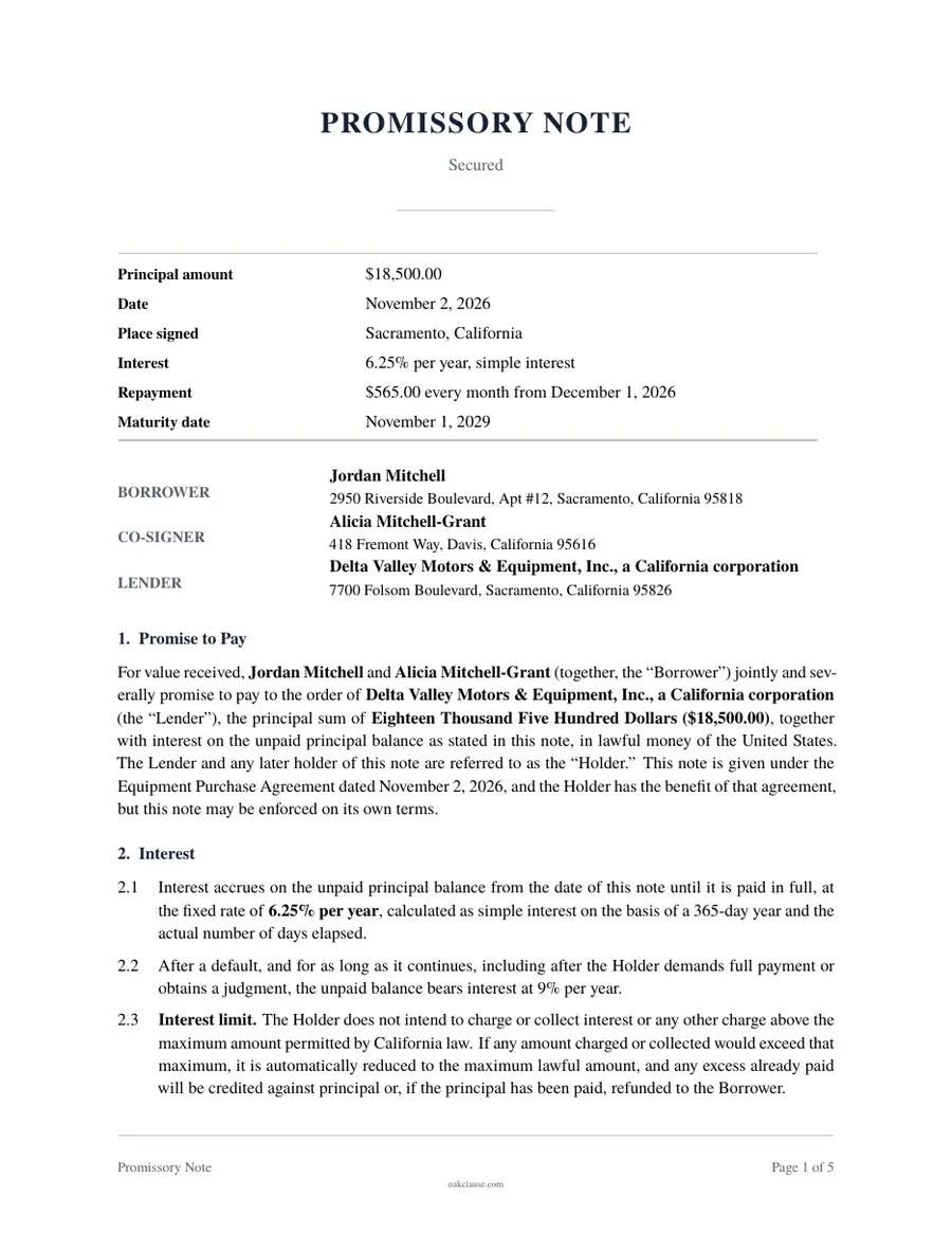 First page of a sample Promissory Note