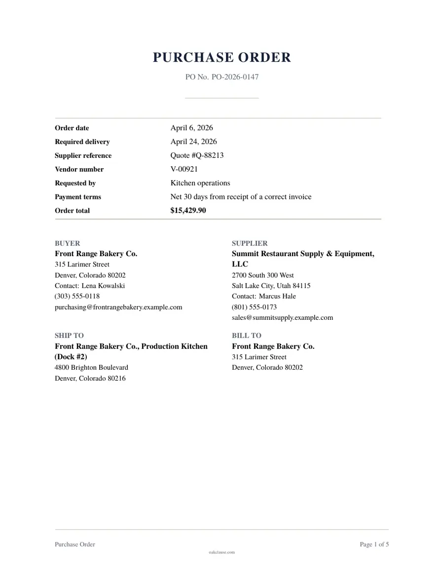 First page of a sample Purchase Order