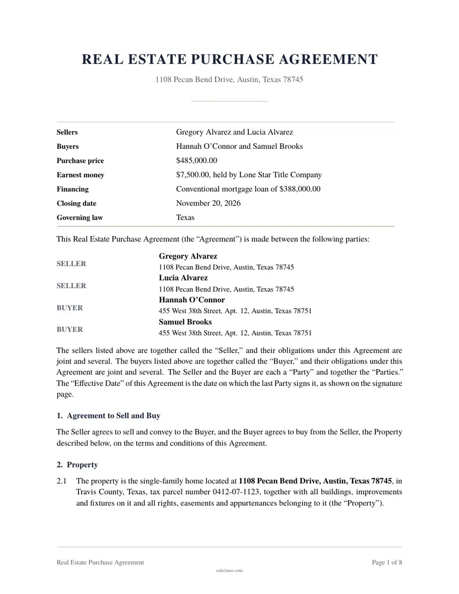 First page of a sample Real Estate Purchase Agreement