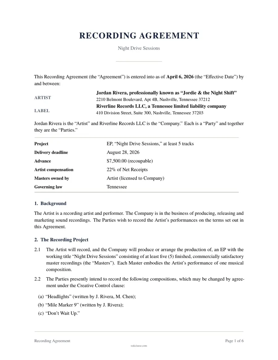 First page of a sample Recording Agreement