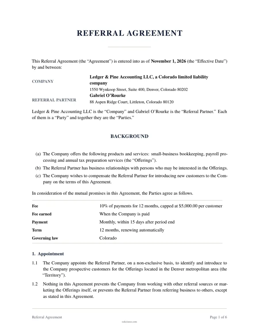 First page of a sample Referral Agreement