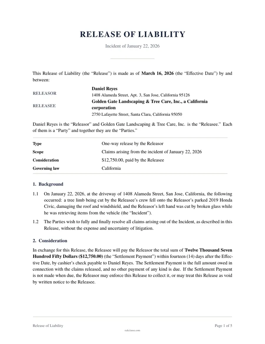 First page of a sample Release of Liability