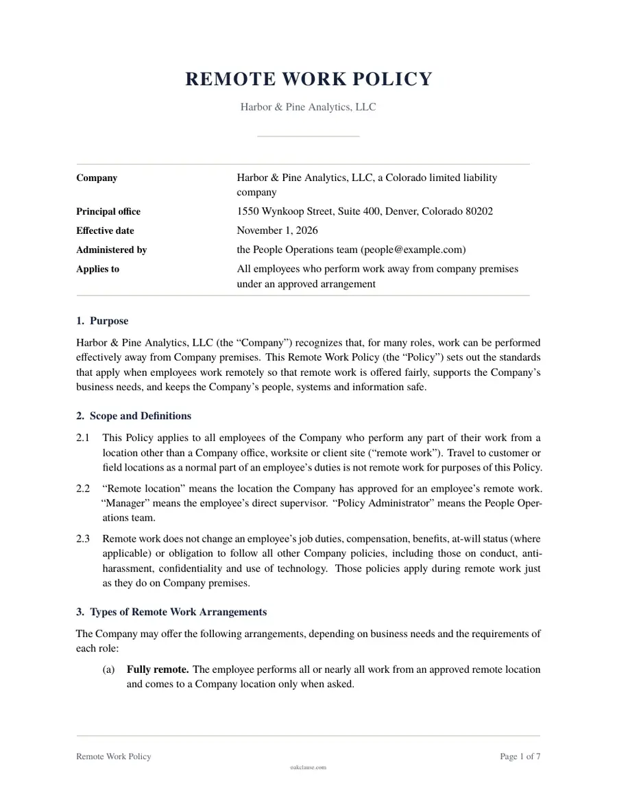 First page of a sample Remote Work Policy