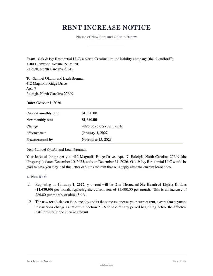 First page of a sample Rent Increase Notice