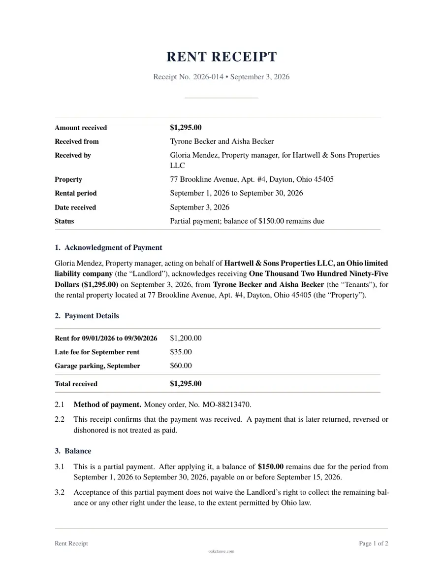 First page of a sample Rent Receipt