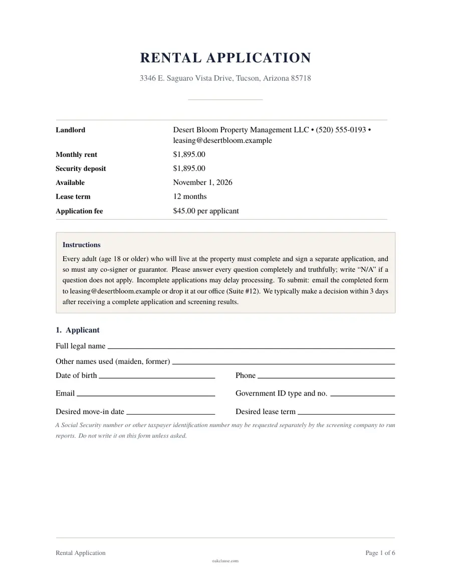 First page of a sample Rental Application
