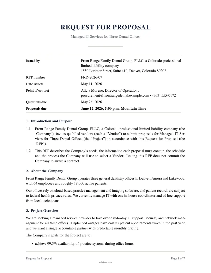 First page of a sample Request for Proposal