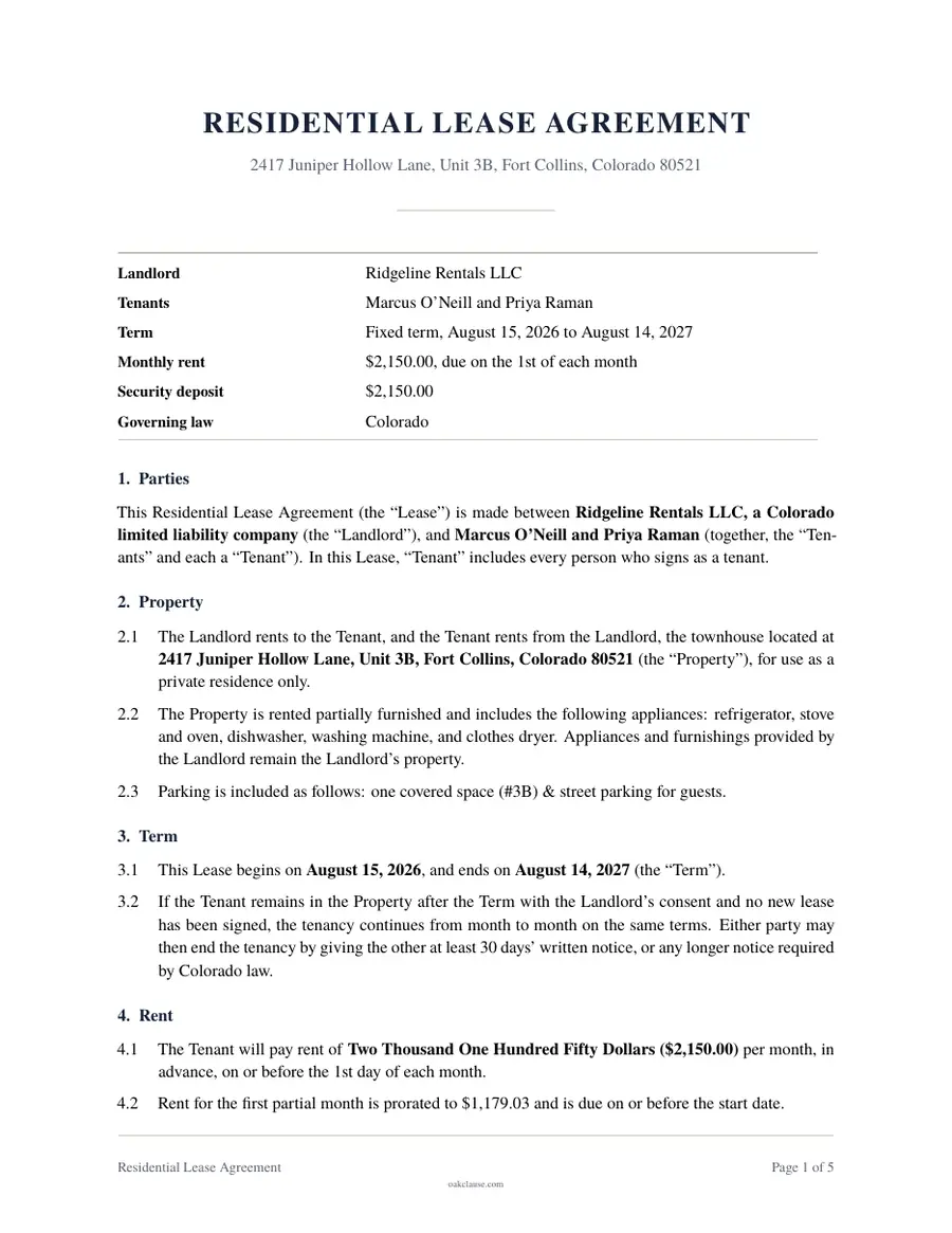 First page of a sample Residential Lease Agreement