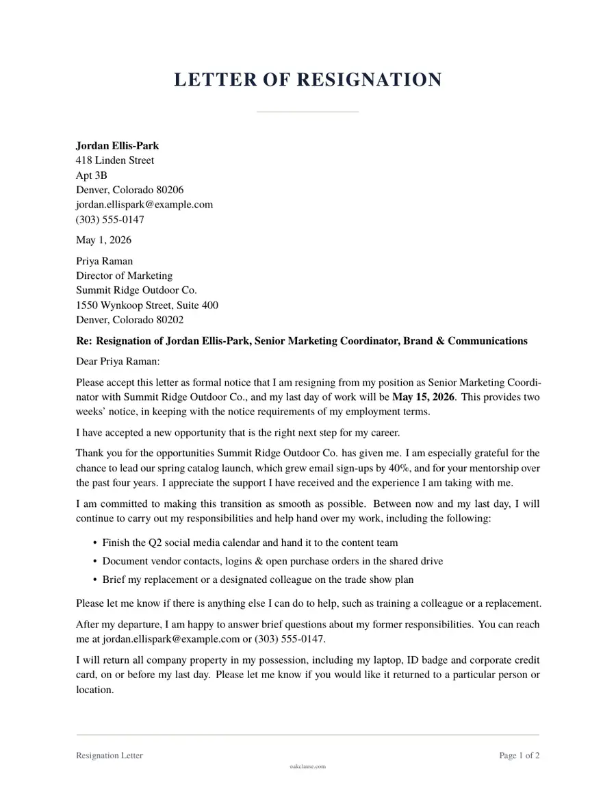 First page of a sample Resignation Letter