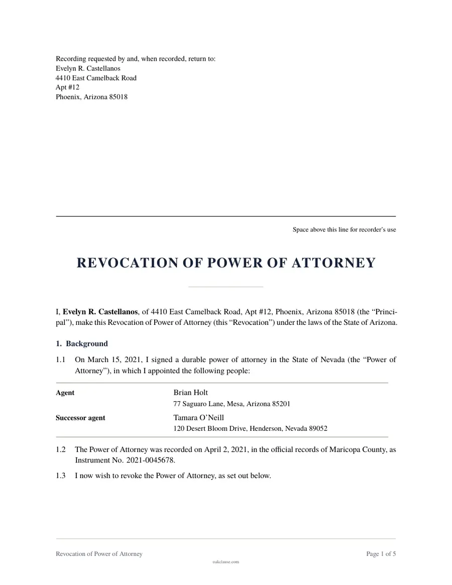 First page of a sample Revocation of Power of Attorney