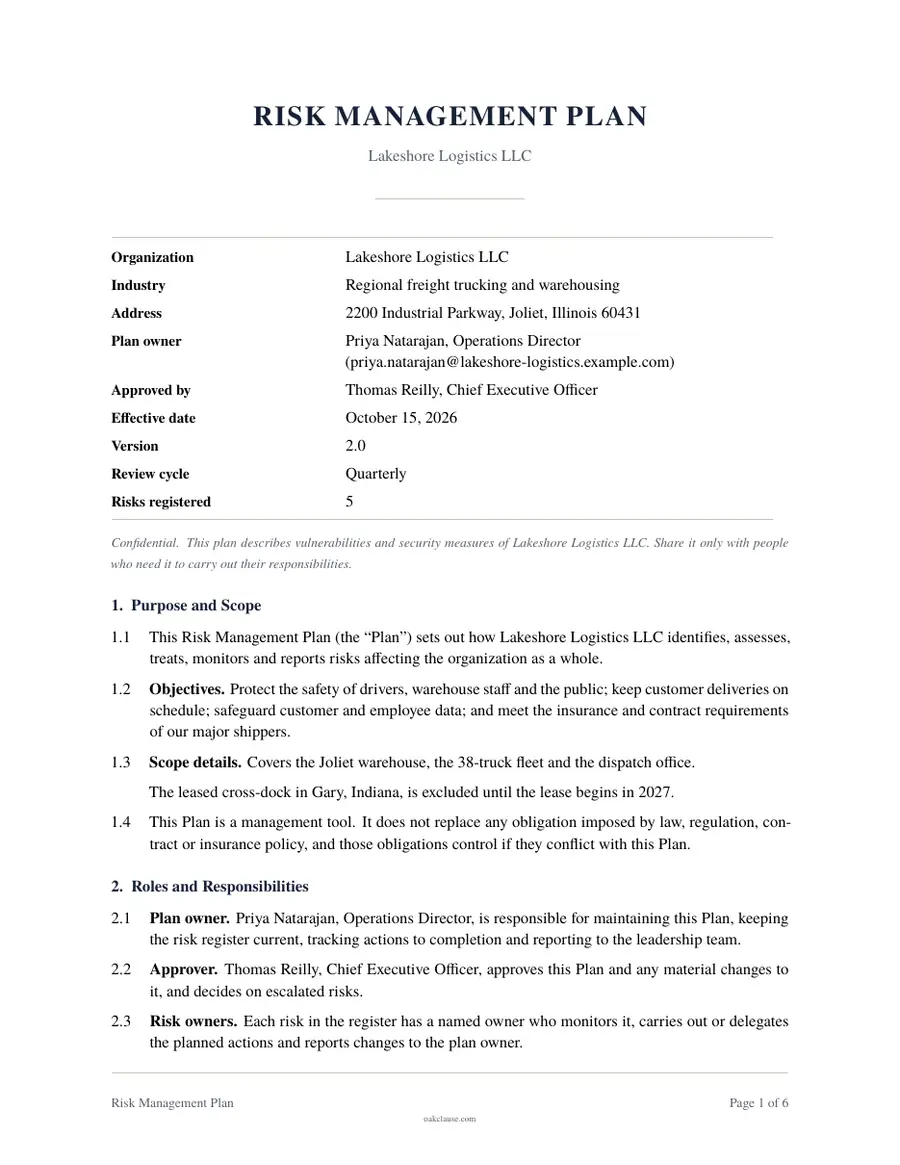 First page of a sample Risk Management Plan
