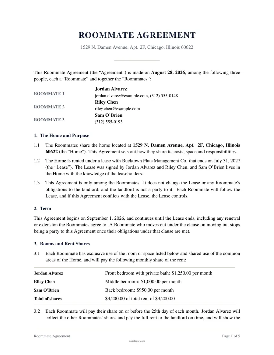First page of a sample Roommate Agreement
