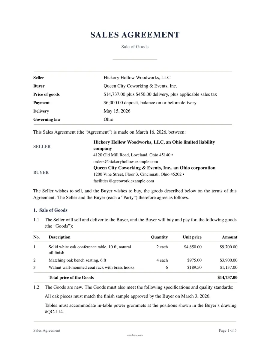 First page of a sample Sales Agreement