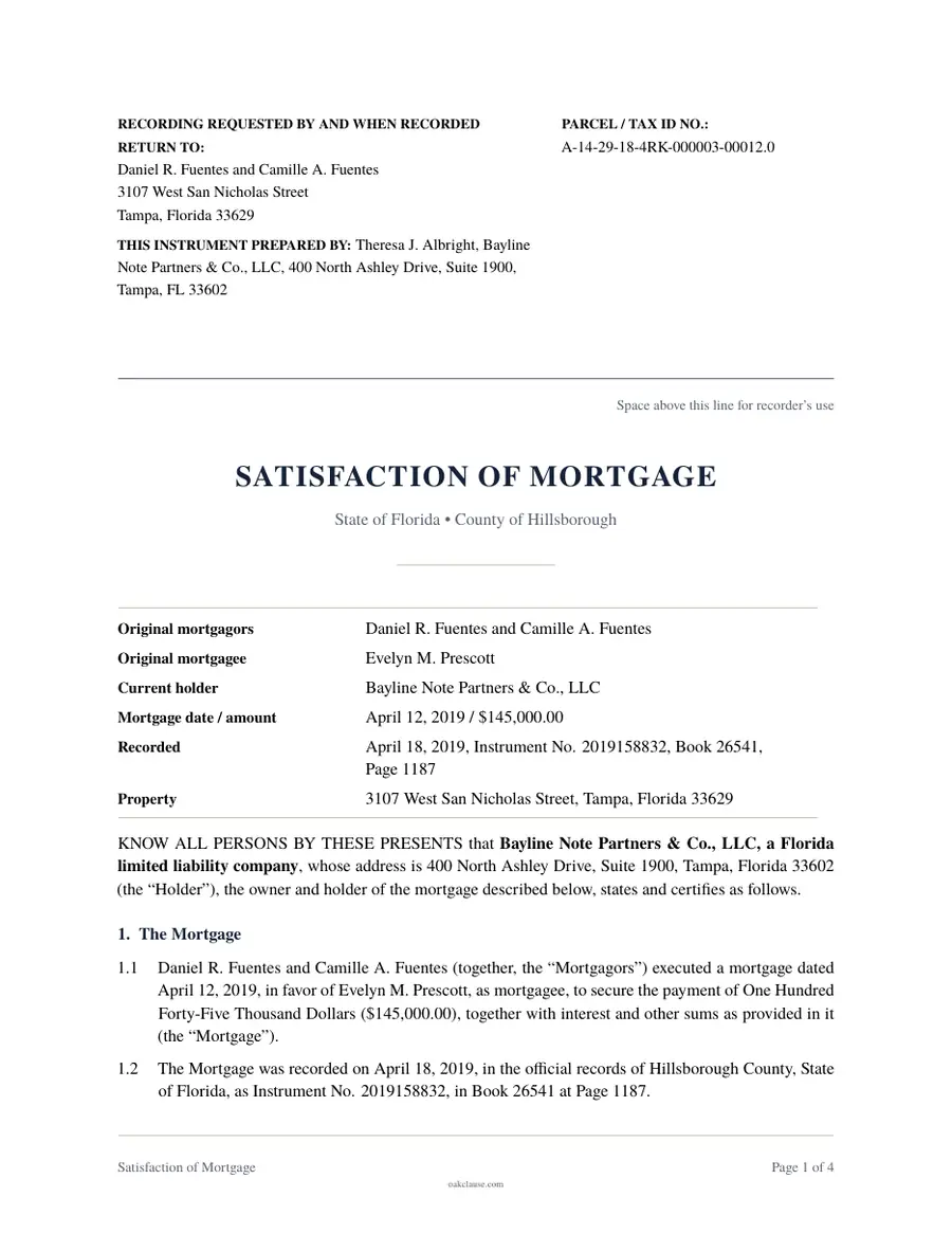 First page of a sample Satisfaction of Mortgage
