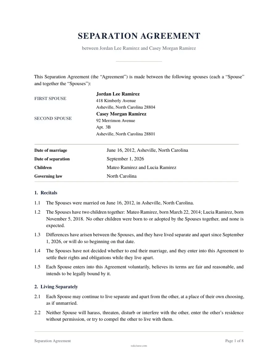 First page of a sample Separation Agreement