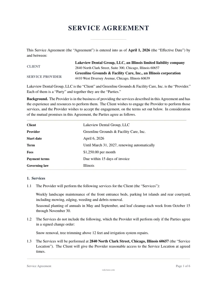 First page of a sample Service Agreement