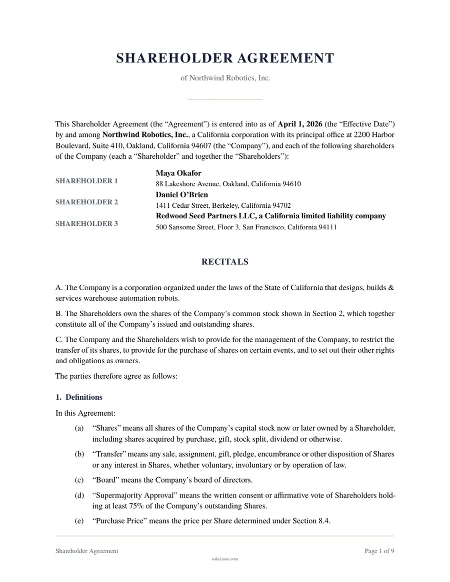 First page of a sample Shareholder Agreement