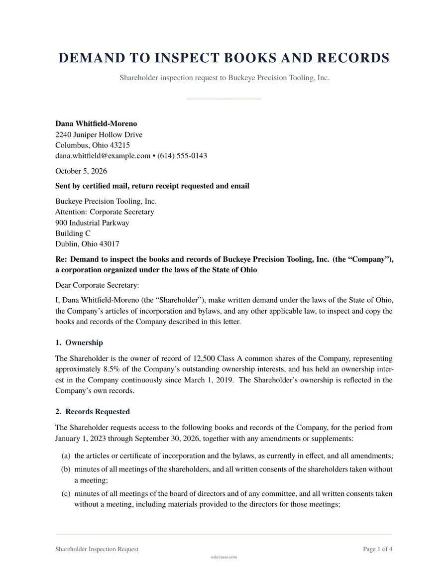 First page of a sample Shareholder Inspection Request