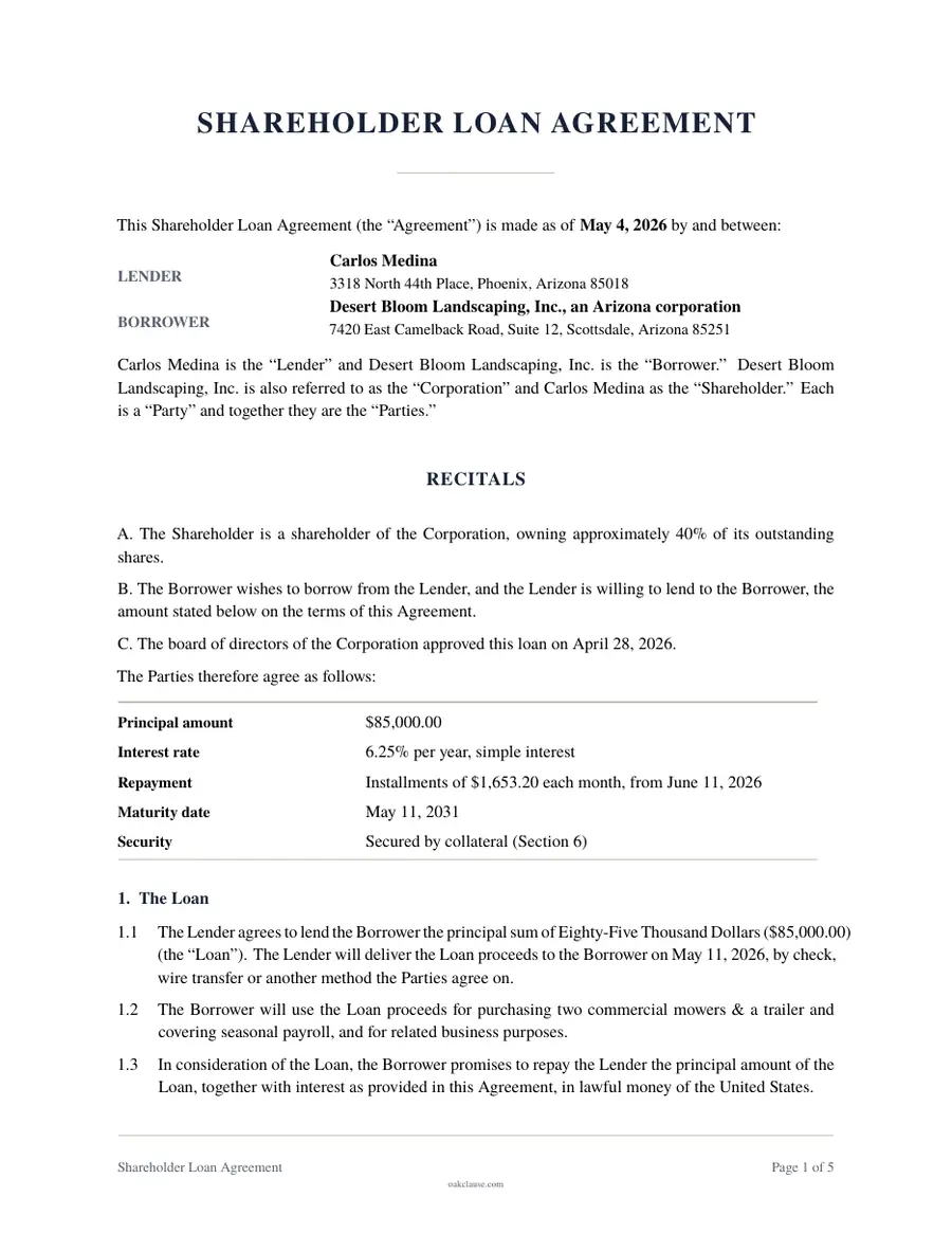 First page of a sample Shareholder Loan Agreement