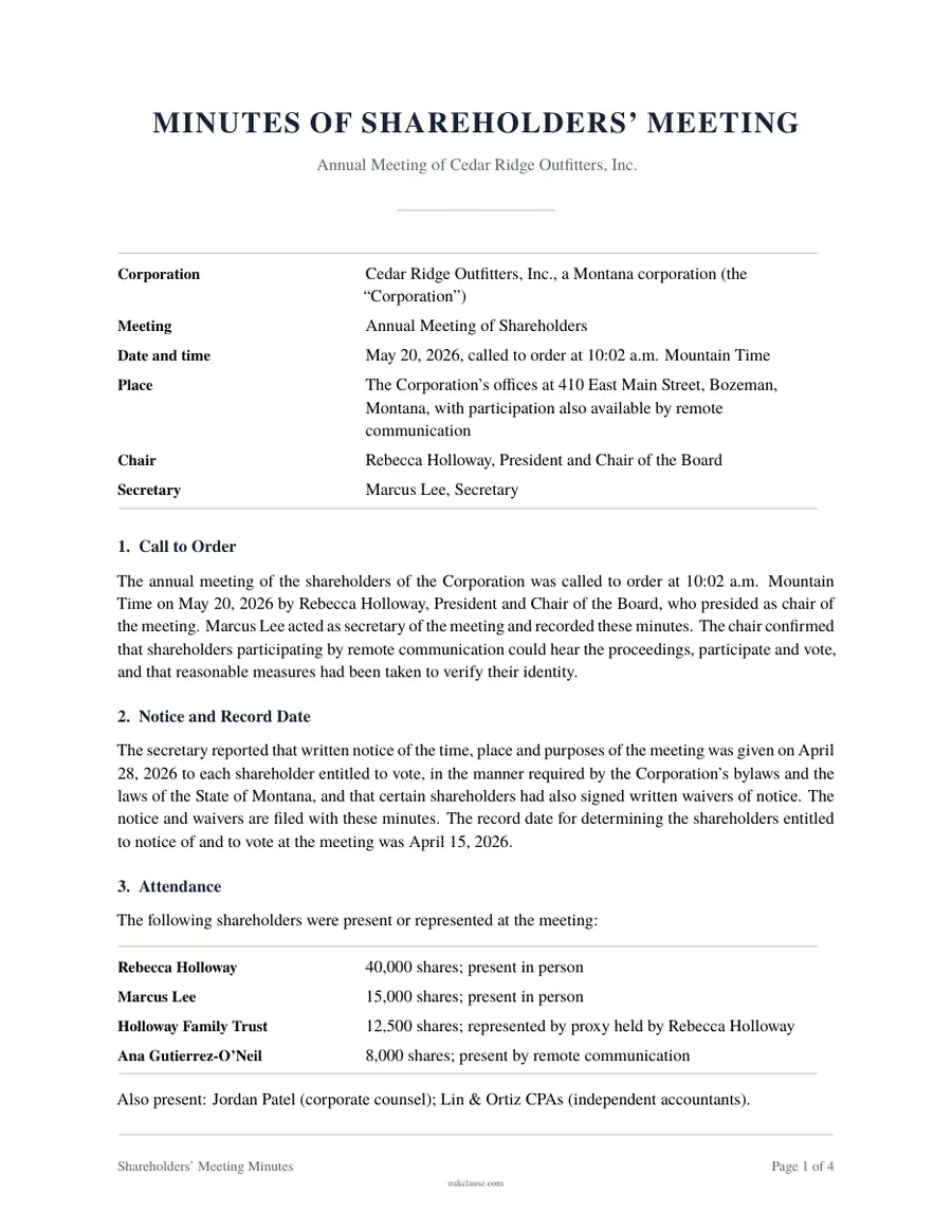 First page of a sample Shareholders' Meeting Minutes
