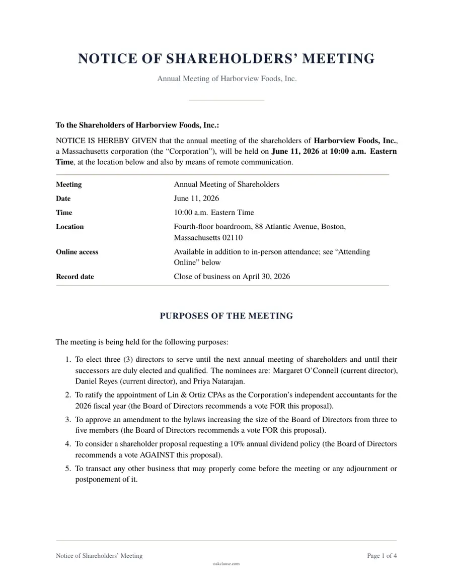 First page of a sample Notice of Shareholders' Meeting