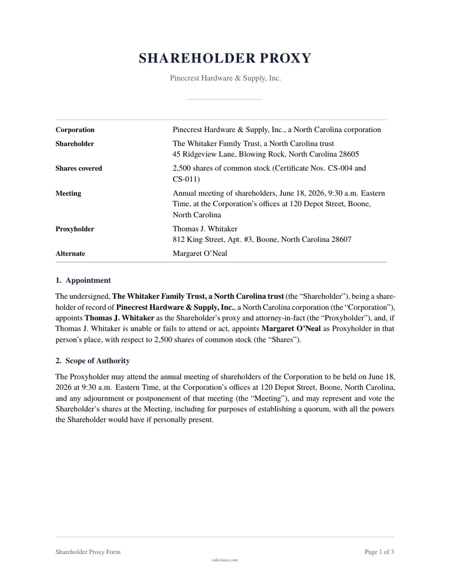 First page of a sample Shareholder Proxy Form