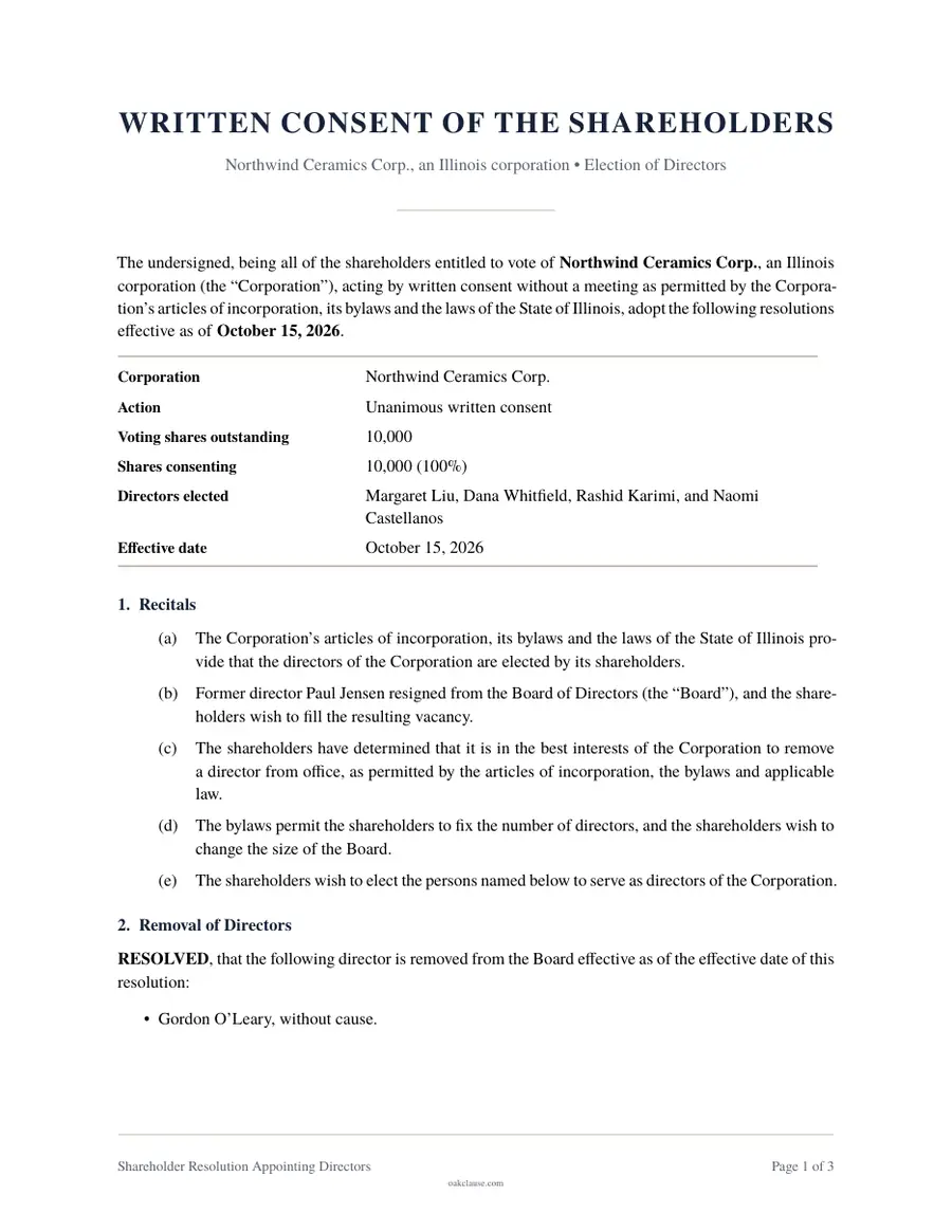First page of a sample Shareholder Resolution Appointing Directors