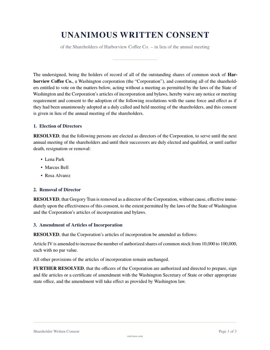 First page of a sample Shareholder Written Consent
