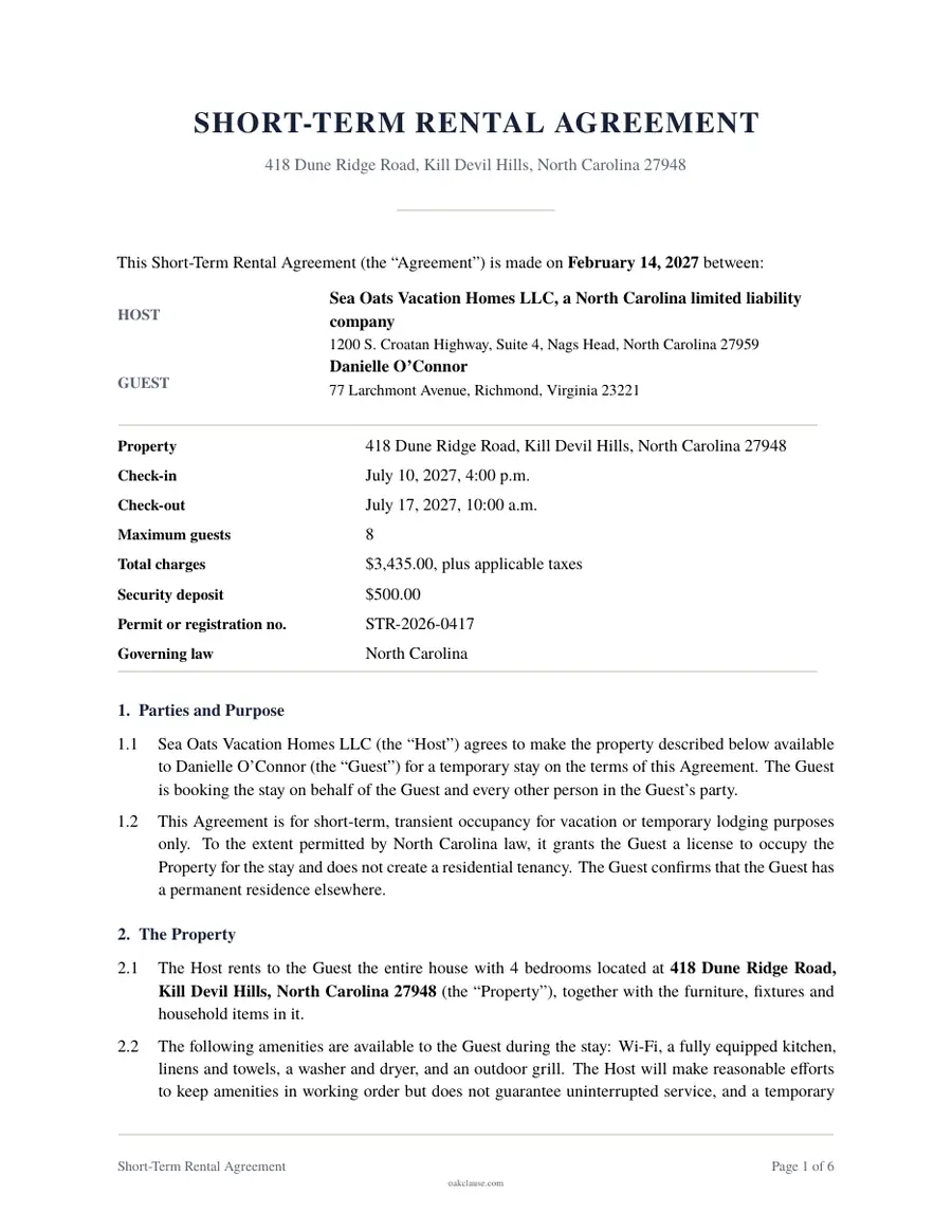 First page of a sample Short-Term Rental Agreement