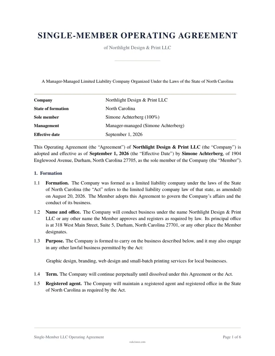 First page of a sample Single-Member LLC Operating Agreement