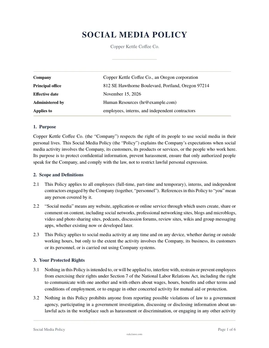 First page of a sample Social Media Policy